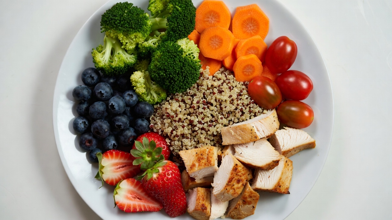 healthy balanced meal with vegetables fruits whole grains and protein